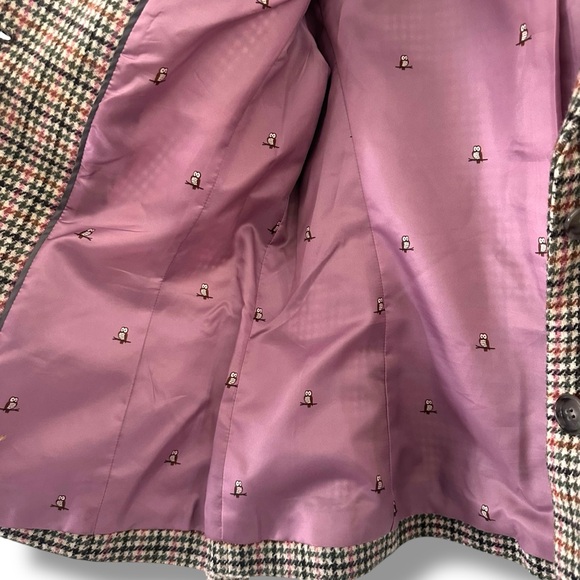 Talbots Beige/Pink Houndstooth Plaid Blazer Owl Print Office Academia Preppy 12 - Picture 7 of 10